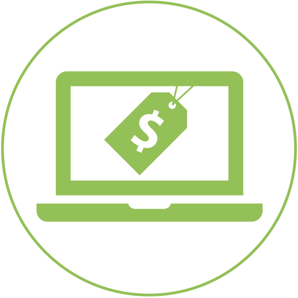 Icon of a laptop computer with a price tag on the screen