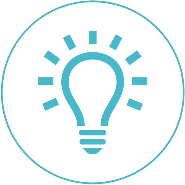 Icon of an illuminated blue light bulb